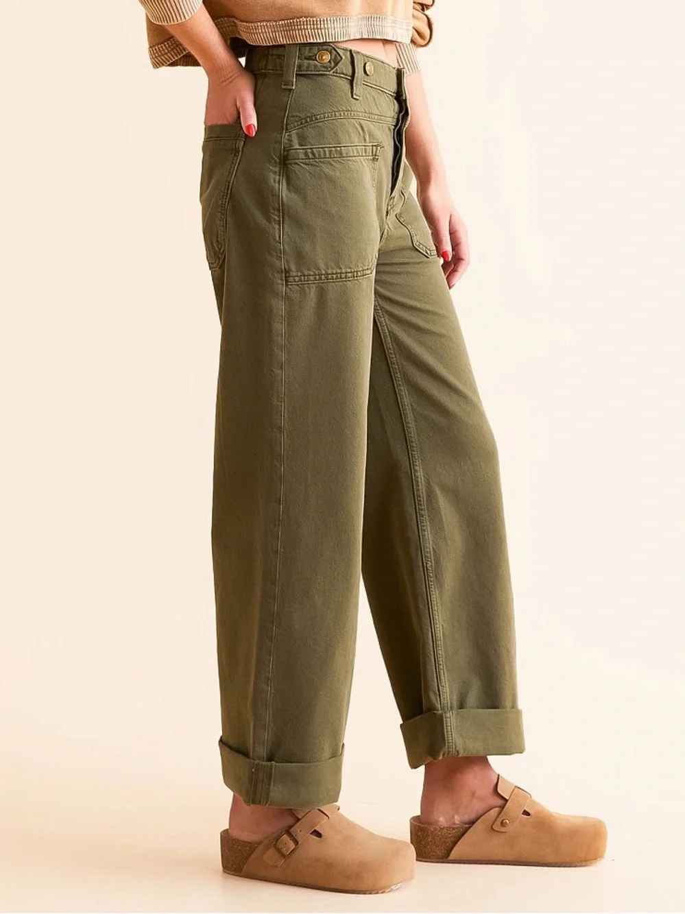 Free People Olive Green Wide Leg Flare Jeans